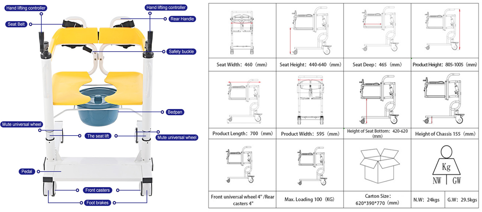 Manual Lift Transfer Chair Zuowei ZW366S For Elderly